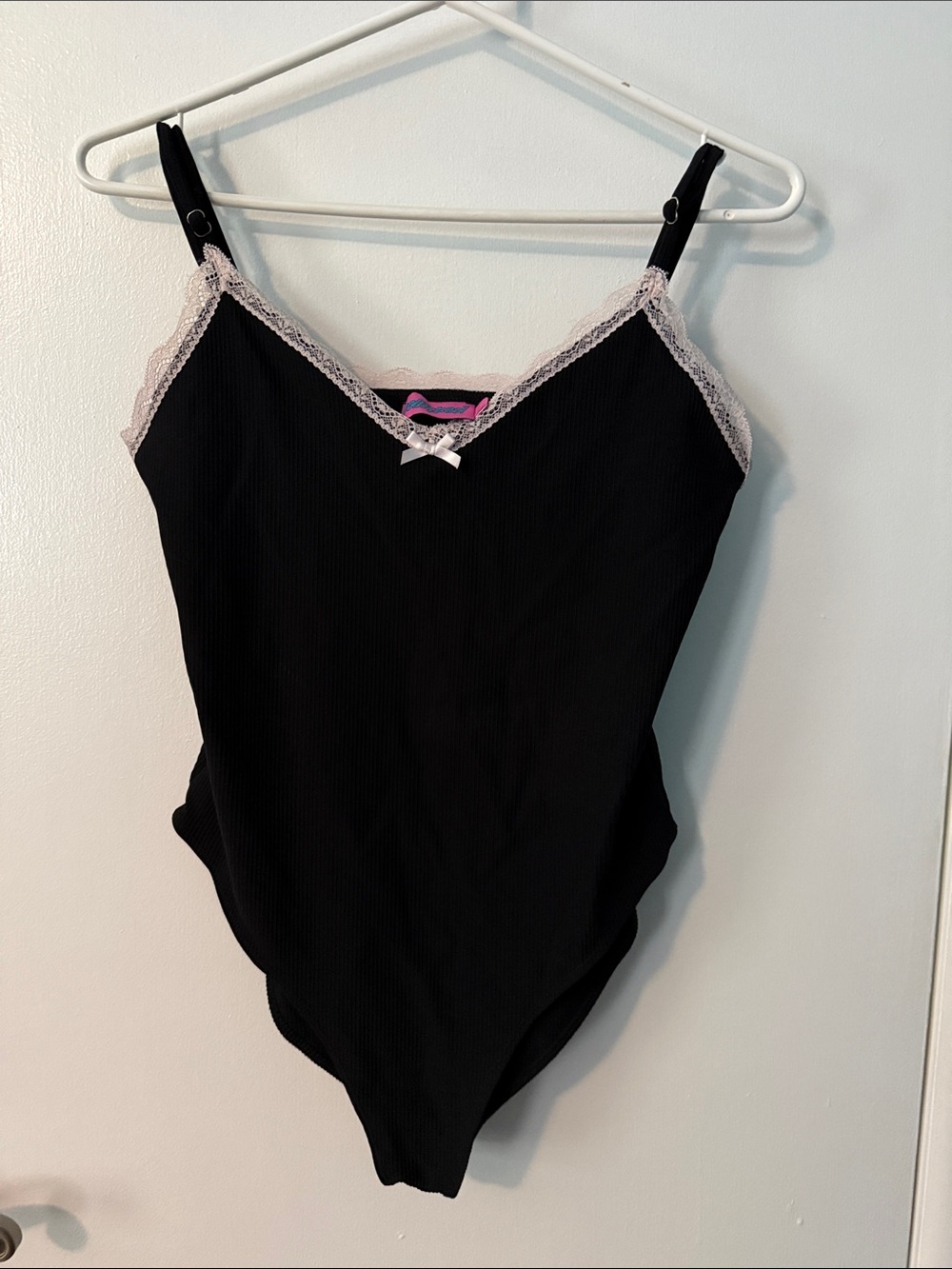 Edikted Black Ribbed Lace-Trim Bodysuit with White Accent Lace